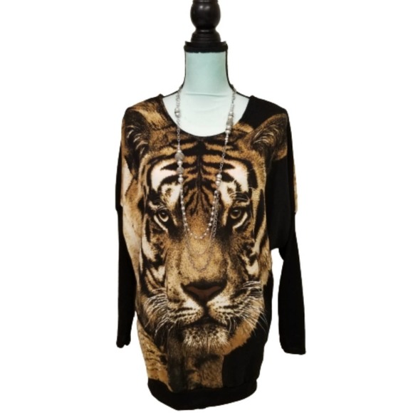 Mojoyce Tiger Head Batwing Jumper Sweater Black M - Picture 3 of 10